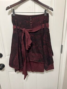 Bohemian Asymmetrical Maroon Printed Tie-Waist Skirt